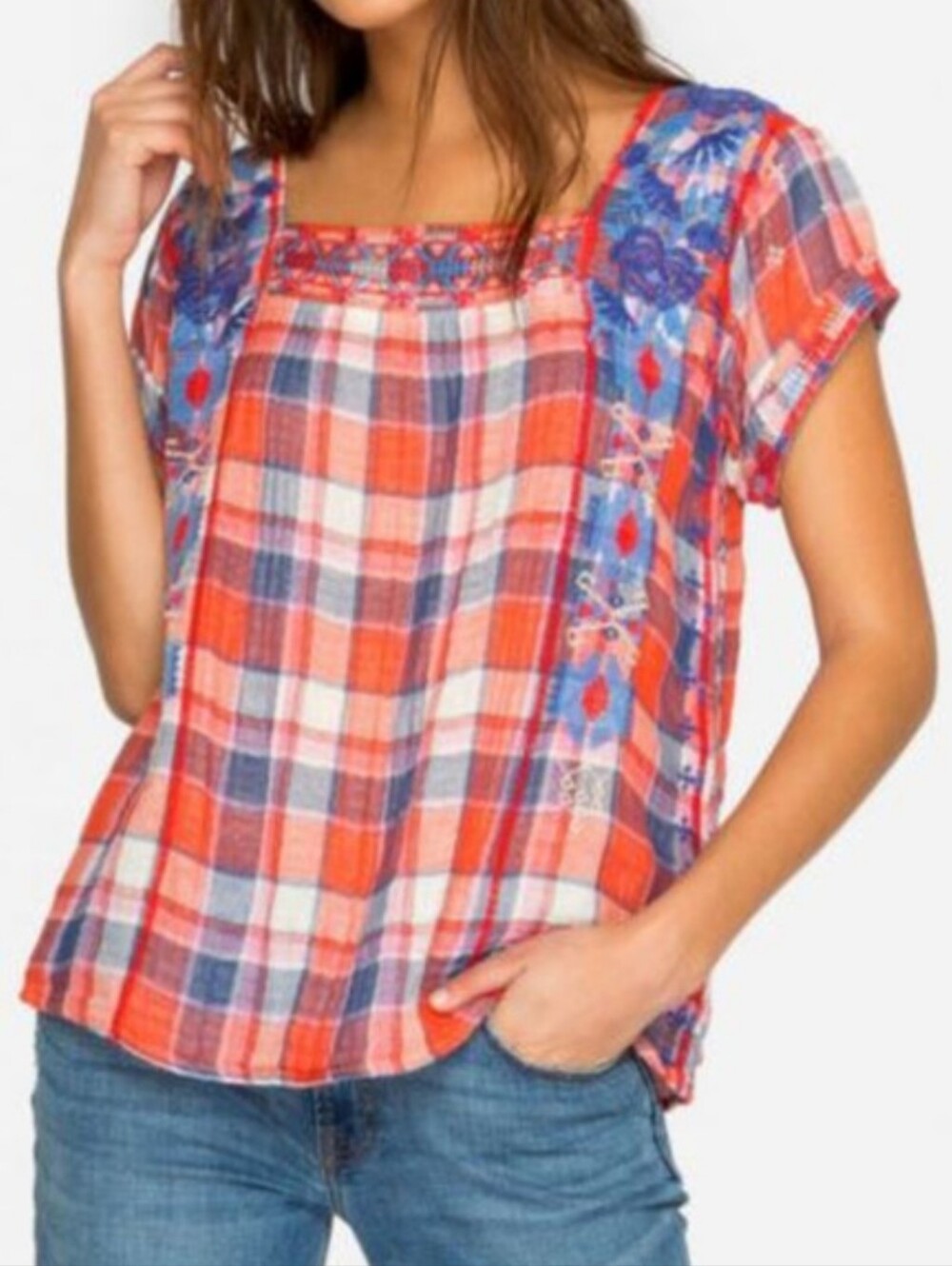 Johnny Was Workshop Zelda Peasant Embroidered Red Blue Plaid Top Small